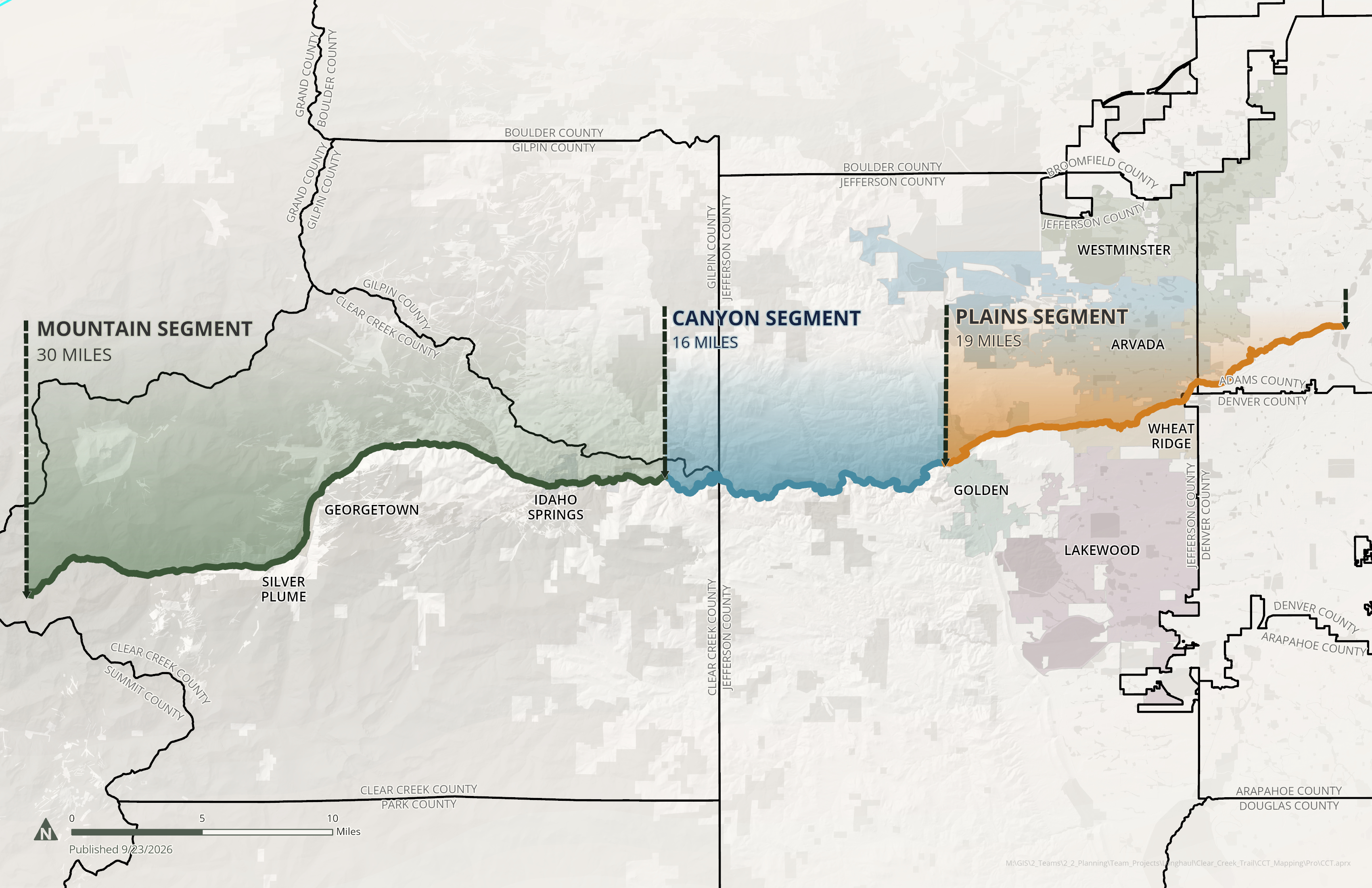 Clear Creek Trail corridor from Silver Plume to the Denver metro area, divided into mountain, canyon, and plains segments.