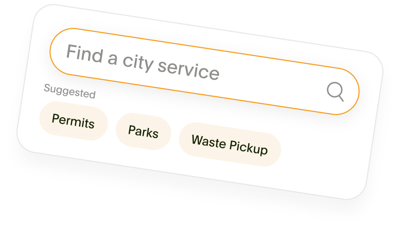 an info card displaying a search bar to find a city service with suggested results below