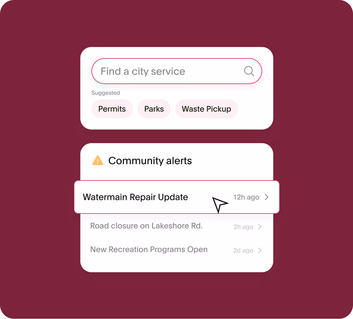 User interface showing a city service search bar with suggested options permits, parks, and waste pickup, and a community alerts section listing watermain repair update, road closure on Lakeshore Rd., and new recreation programs open.