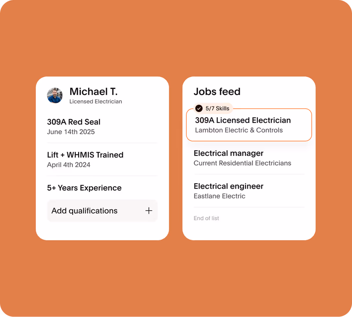 A graphic displaying a user's profile next to a feed with available jobs to apply to