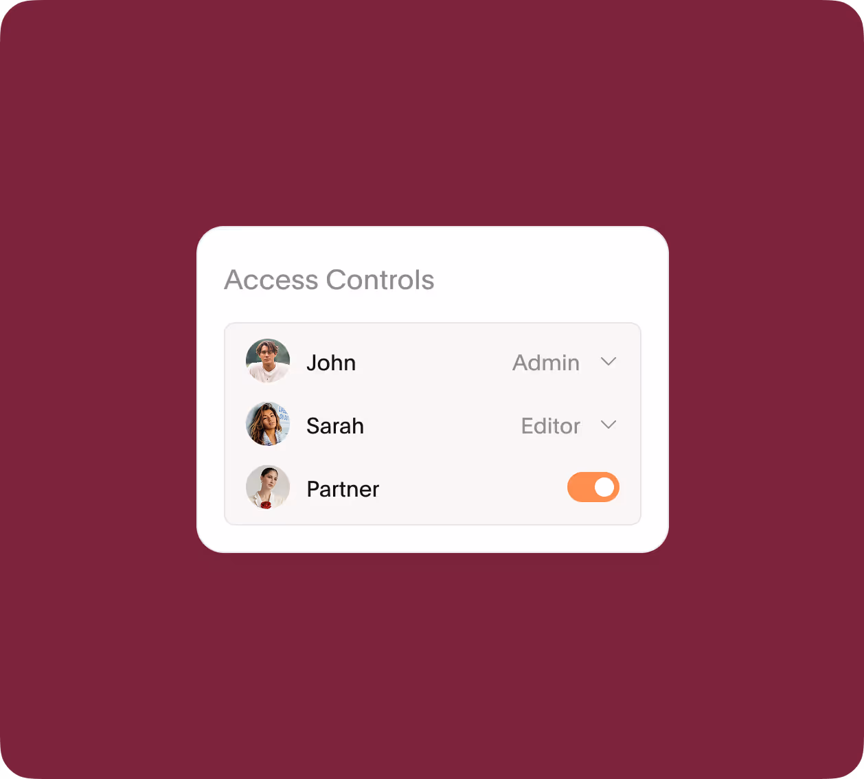 Graphic displaying access controls that can be given to members, such as 'admin' or 'editor'