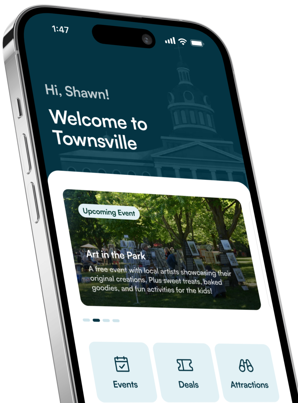Smartphone screen showing a welcome message to Noah on the MyLondon app, featuring an upcoming event titled 'Art in the Park' with details and a scenic river view.