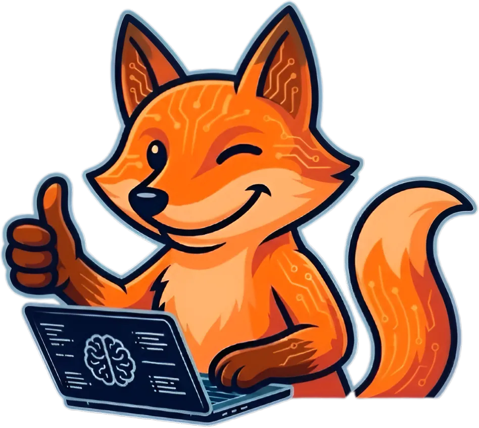 Sarjakuvamainen oranssi kettu, jolla on piirilevymäinen kuviointi, antaa peukun ja käyttää kannettavaa tietokonetta, jossa on aivojen kuva.