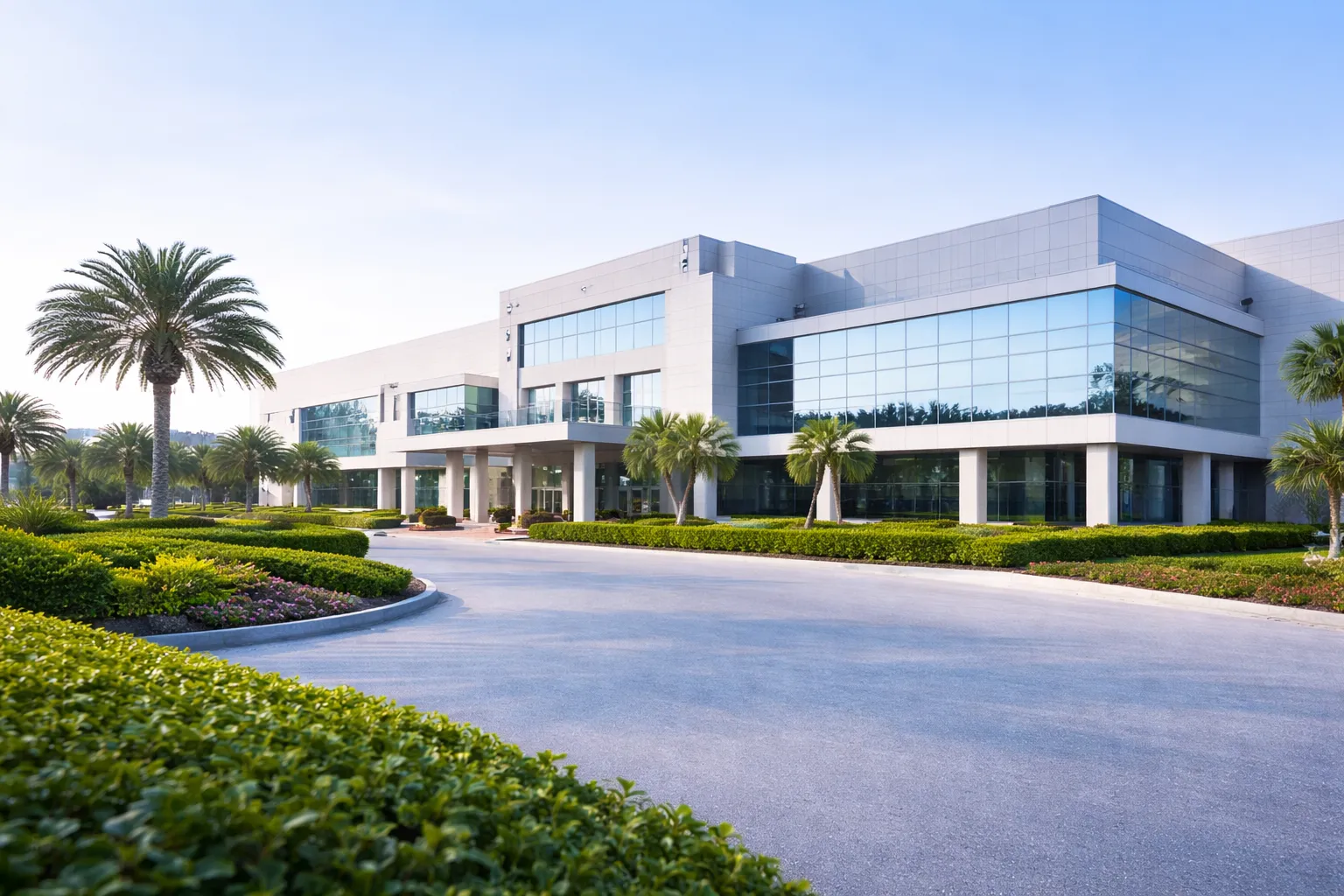 A large building with a lot of trees and bushes in front of it.