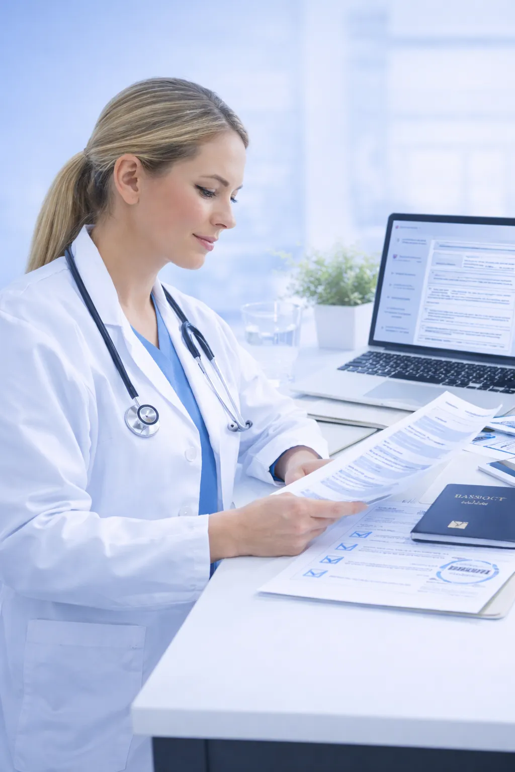 A woman in a white lab coat sitting at a desk.