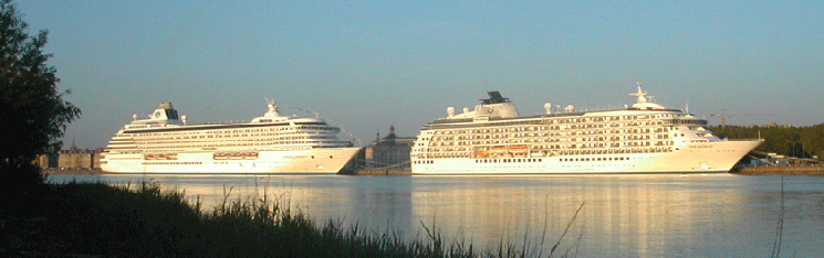 Two cruise ships anchored at the Port of the Moon in Bordeaux