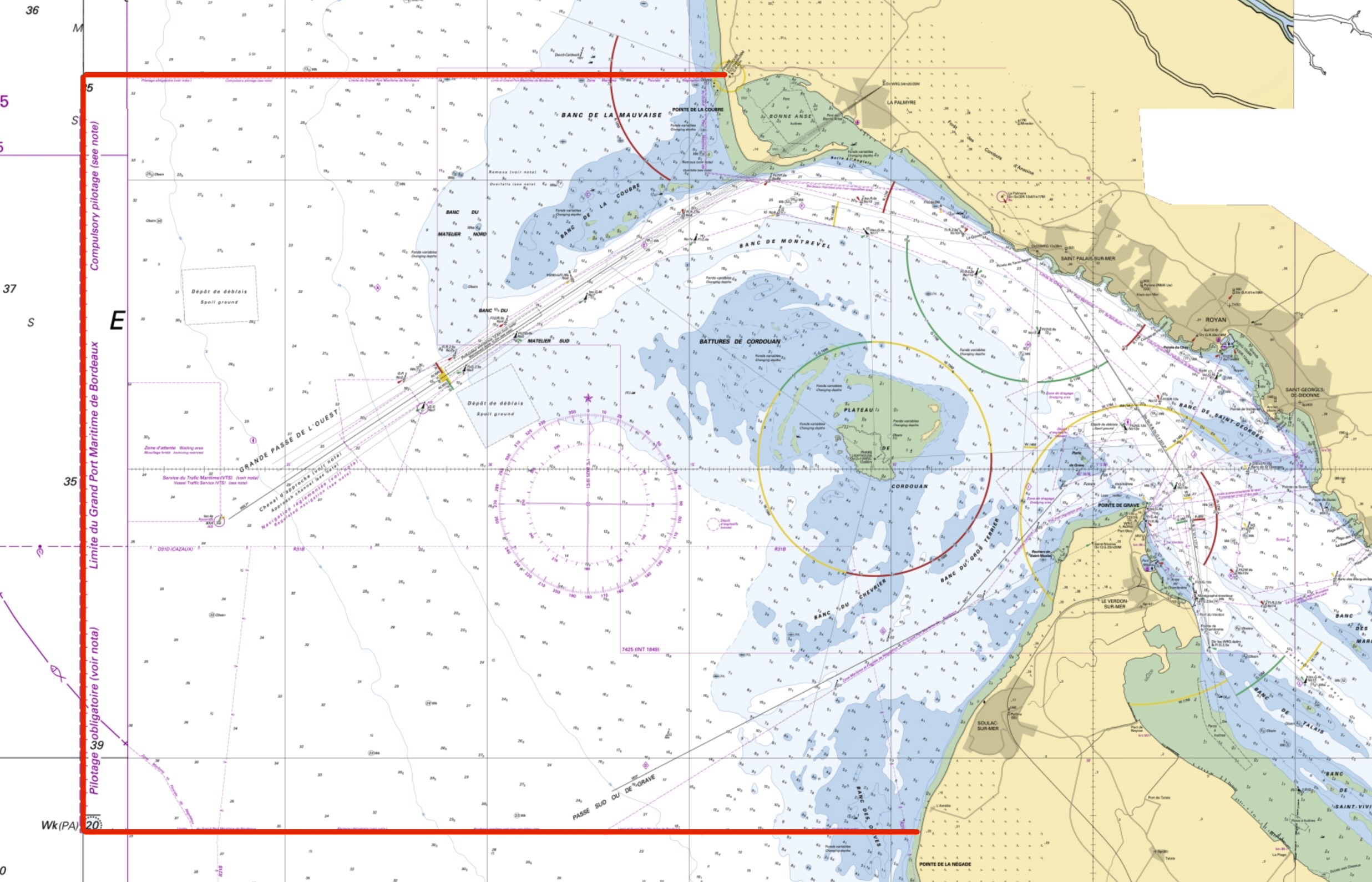 Carte de la zone de pilotage de la zone maritime et fluviale de Bordeaux