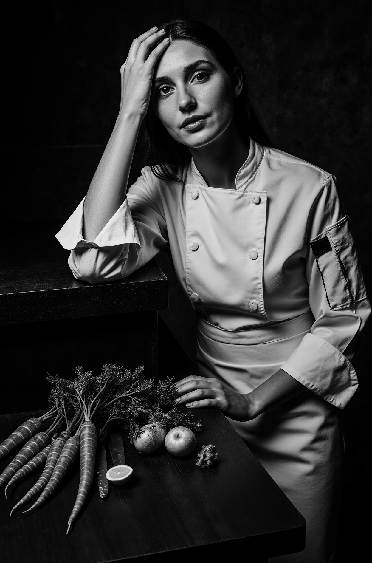 Perfil de la chef en la cocina de Akra, concentración en la elaboración de un plato