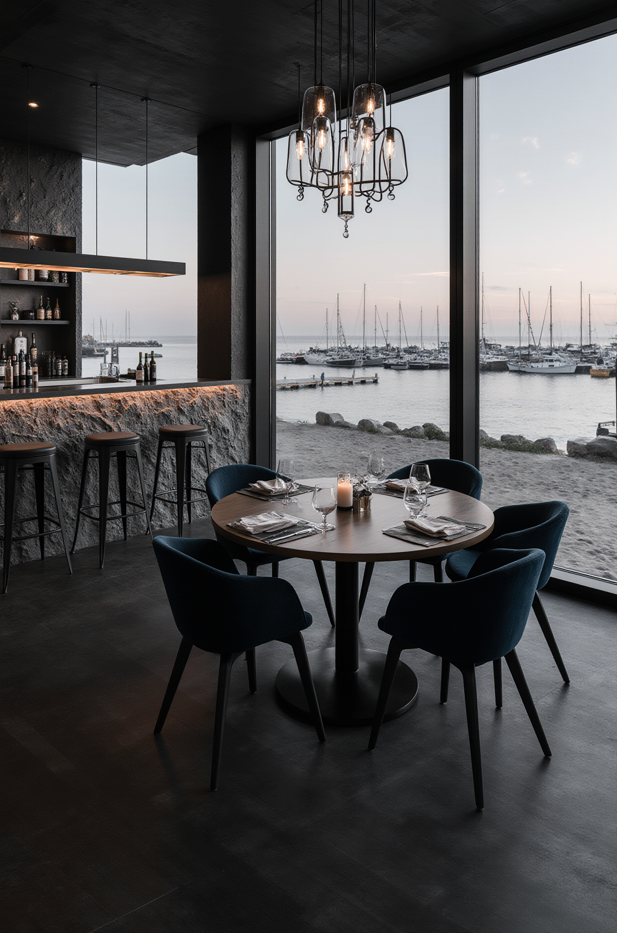 Patio interior del restaurante Akra con mesas dispuestas para el servicio gastronómico