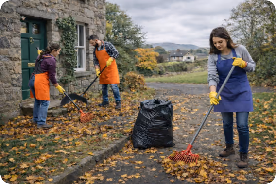 Three people wearing aprons and gloves raking fallen autumn leaves near a stone house with a bag filled with leaves.
