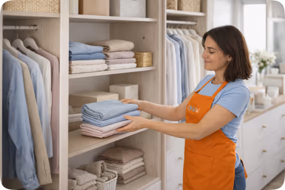 Woman in an orange apron folding and organizing towels on wooden shelves in a tidy, well-lit room.