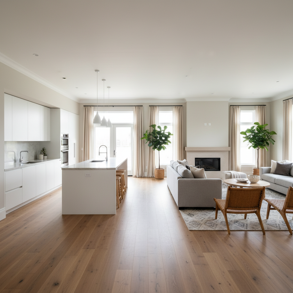 Open-concept kitchen and living room with warm wood-look plank flooring, illustrating flooring trends 2026