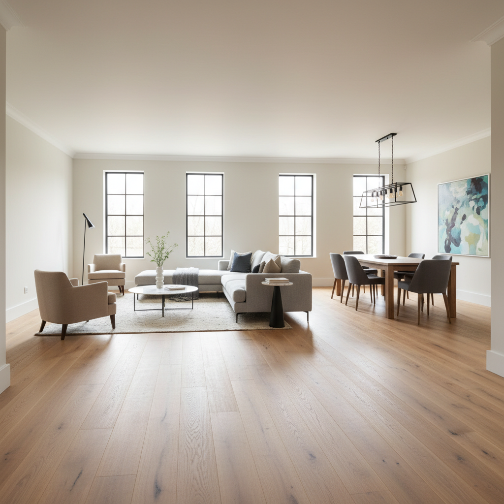 Contemporary living and dining room with extra-wide wood-look plank flooring running the length of the space