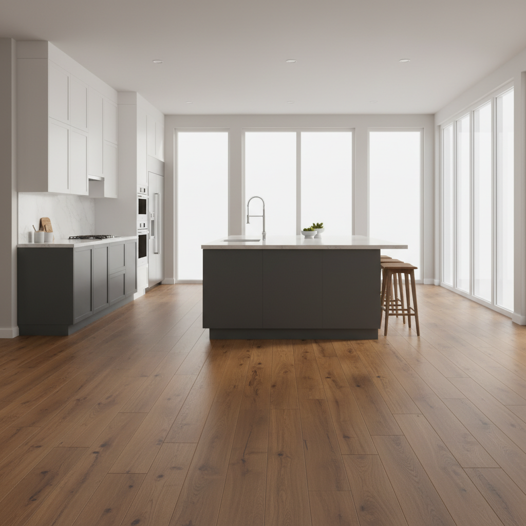 Modern open-concept kitchen with wood-look flooring