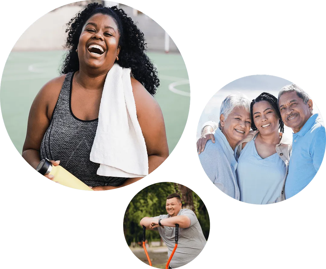 A group of three people embracing and smiling, and a person using resistance bands outdoors, also smiling.