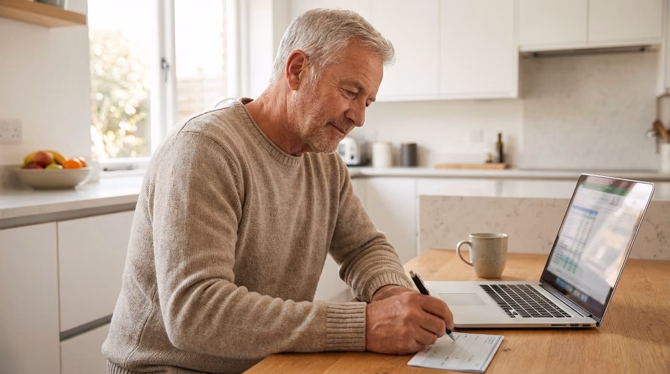 An older man in a beige sweater writing at his kitchen table beside a laptop