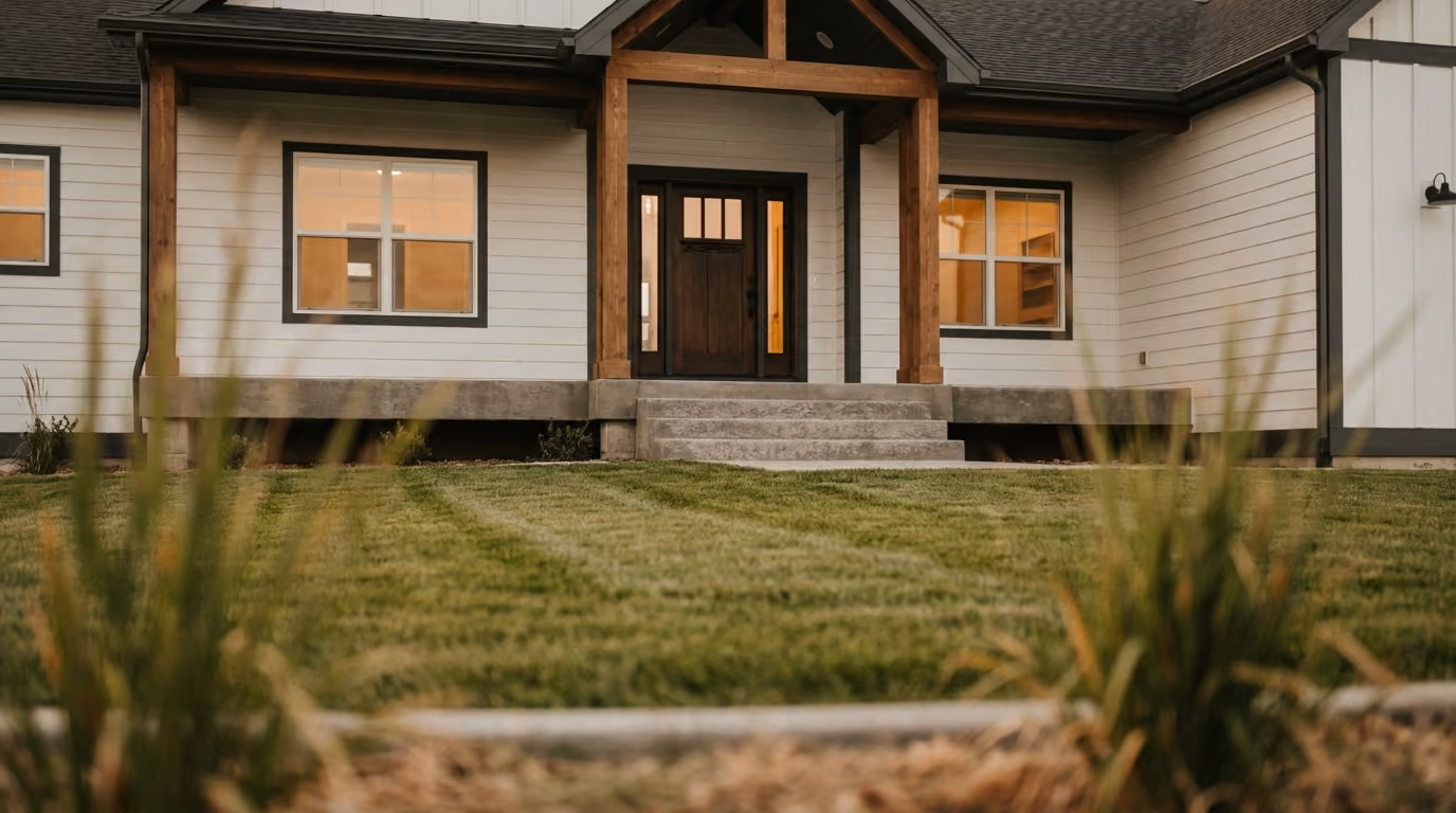 The covered front porch of a modern farmhouse-style home at dusk