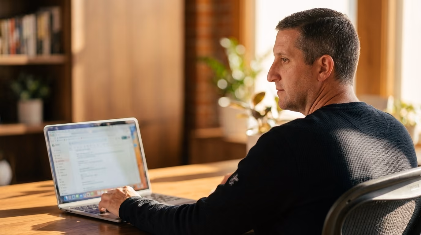 Tyler, a KEPM consultant, working on a laptop at a desk by a window
