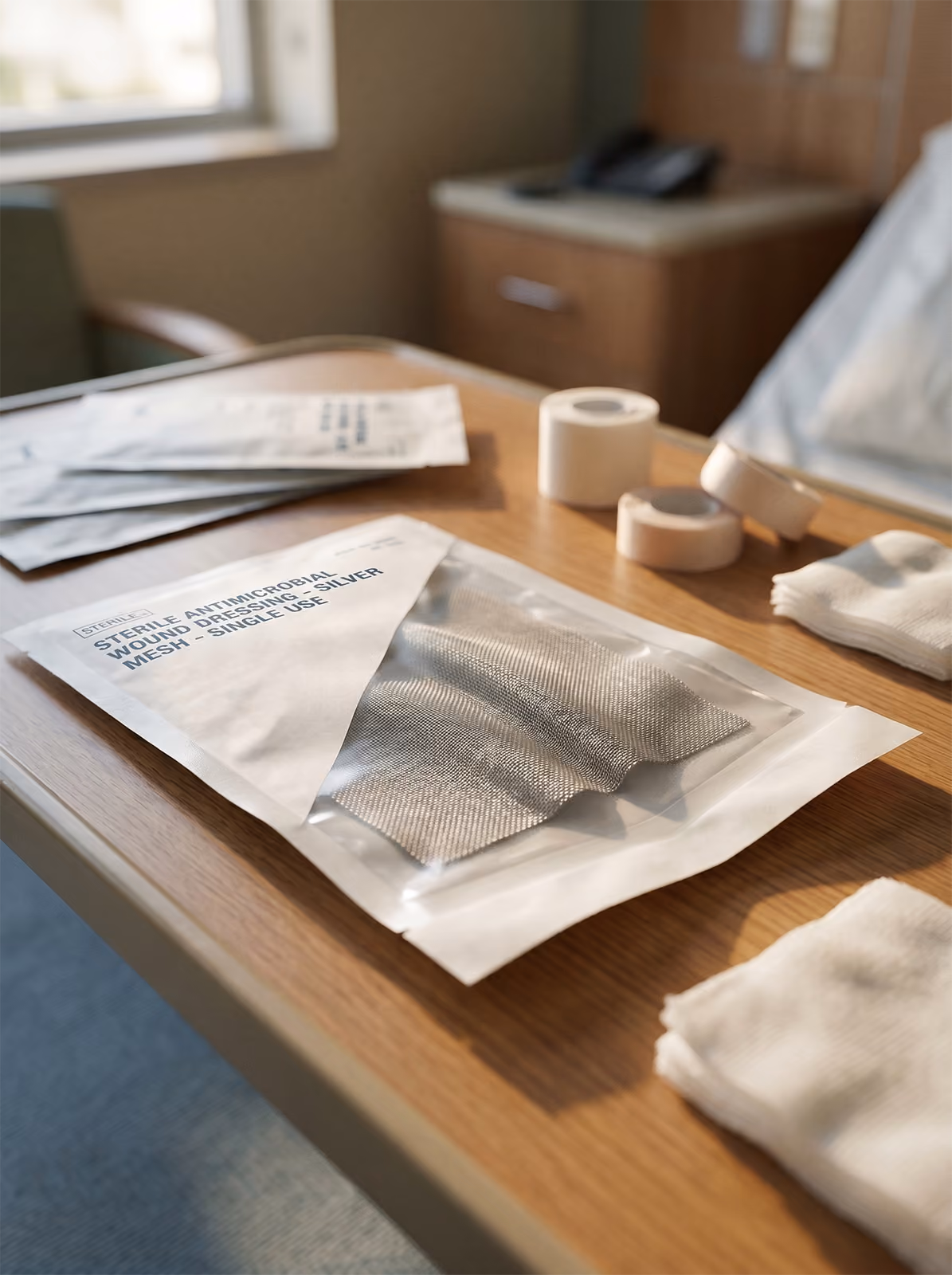 A sterile silver-based antimicrobial wound dressing and gauze on a table in a medical setting