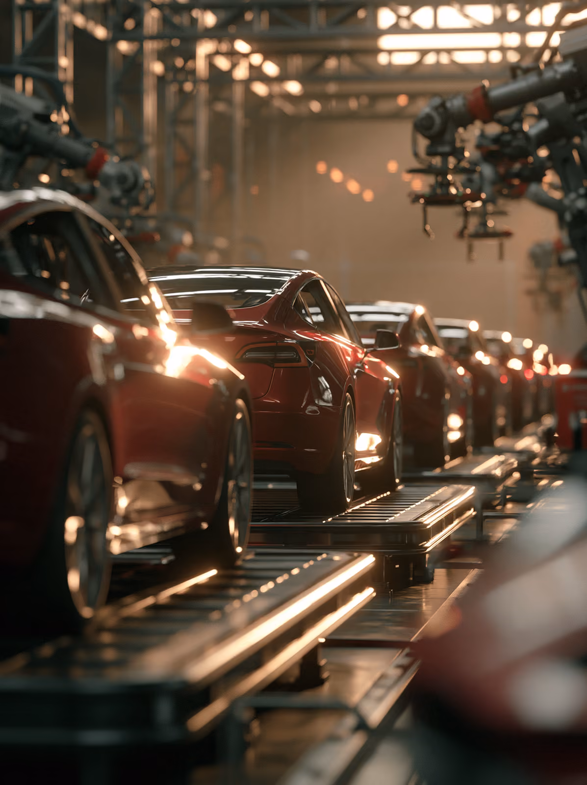 Red cars moving down an automotive assembly line with robotic arms