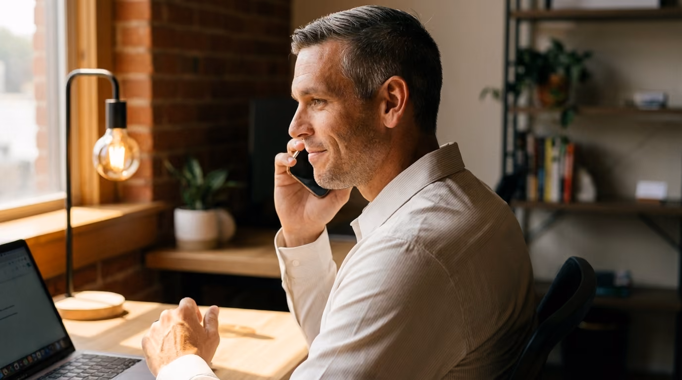 A KEPM team member in a striped shirt talking on the phone at his desk beside a laptop