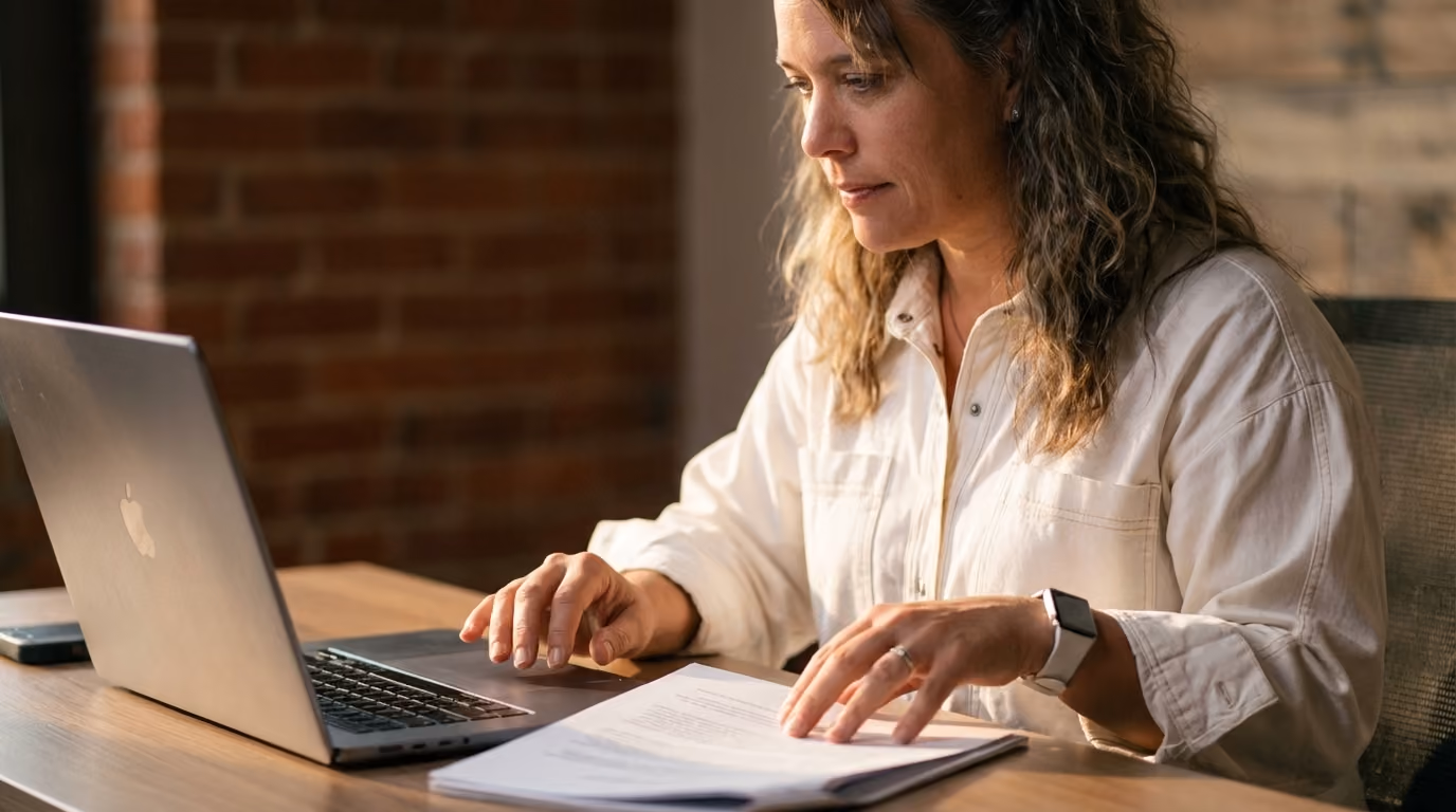 A KEPM team member in a cream shirt working at a laptop while reviewing a printed document