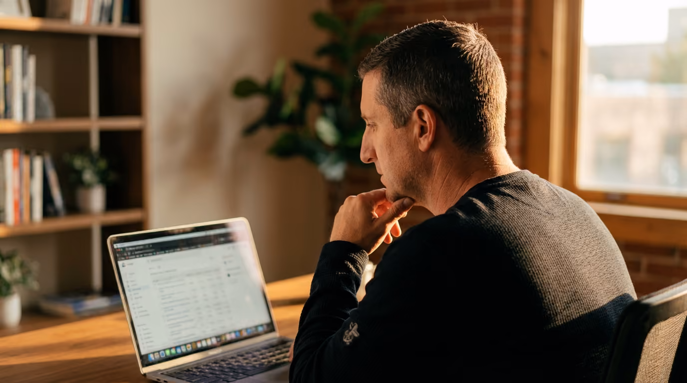 A KEPM team member reviewing information on his laptop at a desk with a bookshelf behind him
