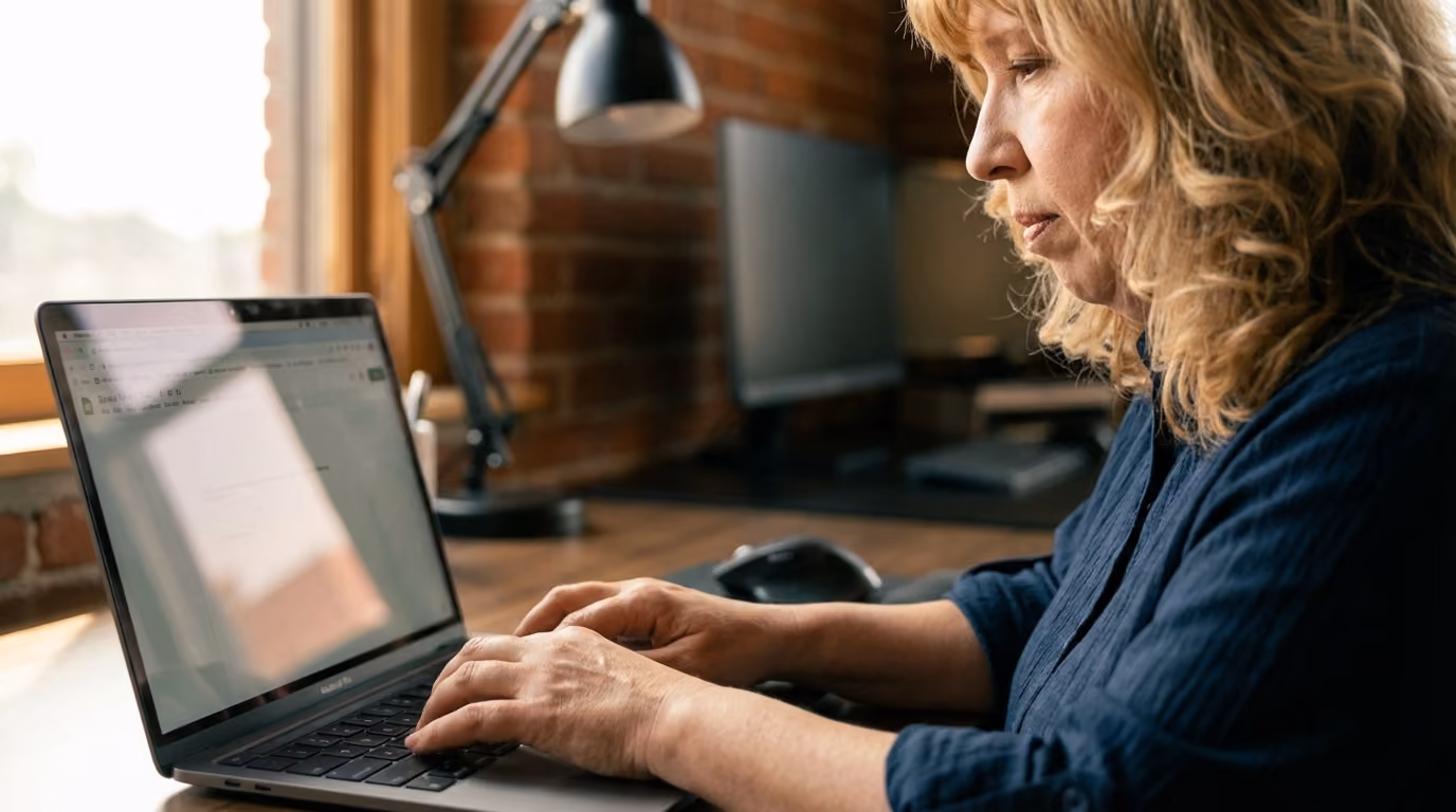 A KEPM team member in a navy blouse typing on a laptop at her desk
