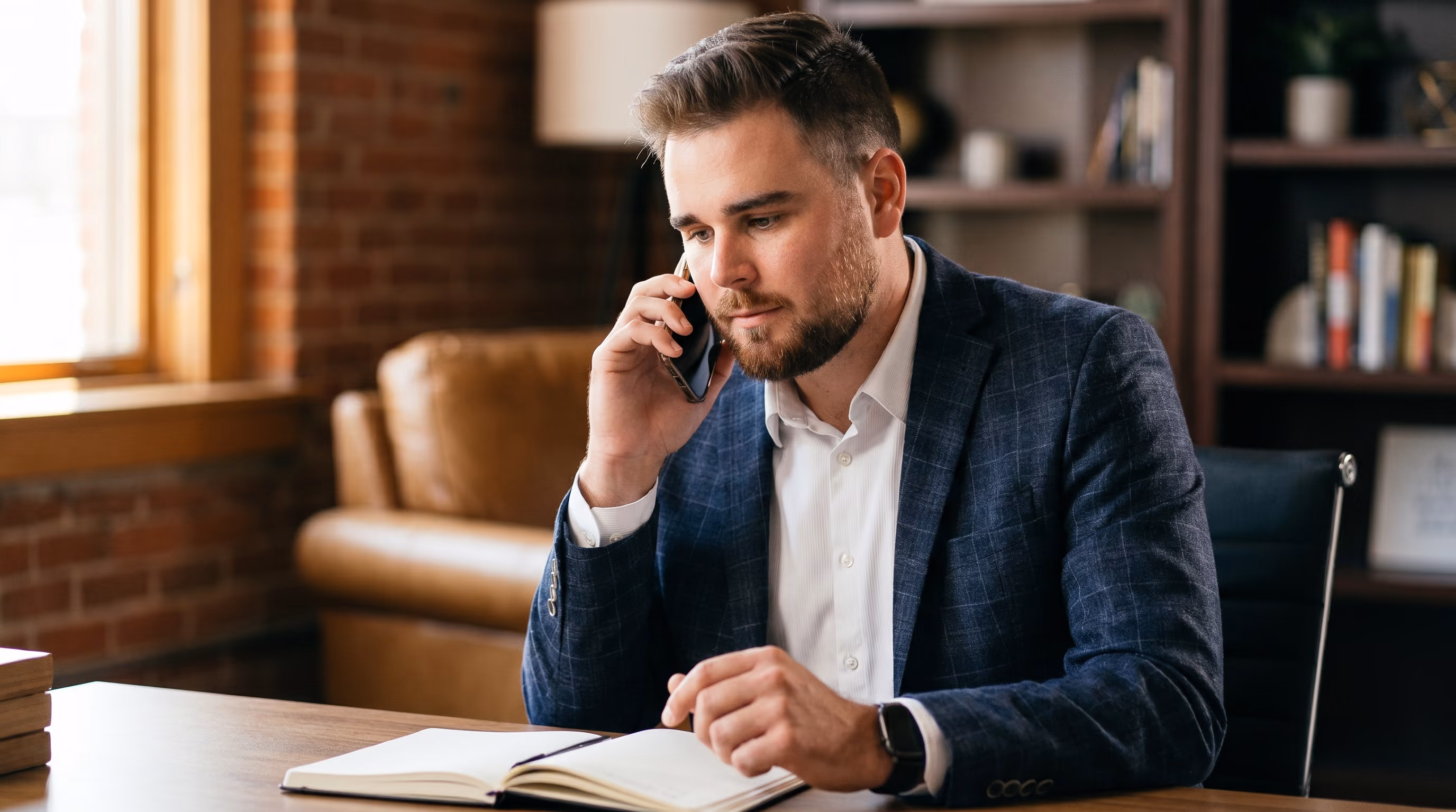 A bearded KEPM team member in a navy plaid blazer on the phone, looking at an open notebook