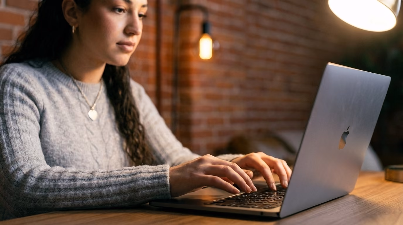 A KEPM team member in a gray sweater typing on a laptop in a brick-walled office