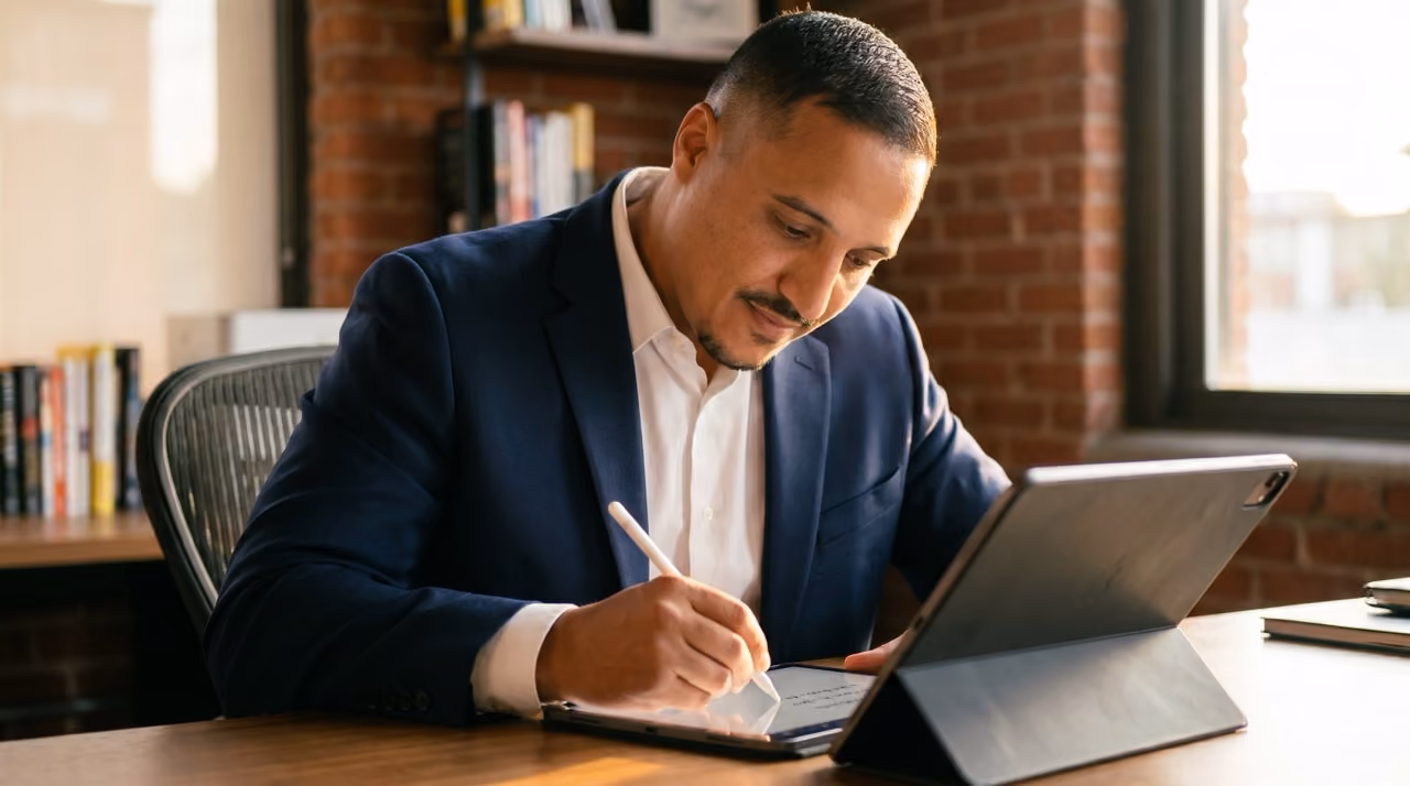 A KEPM team member in a navy blazer writing with a stylus on a tablet