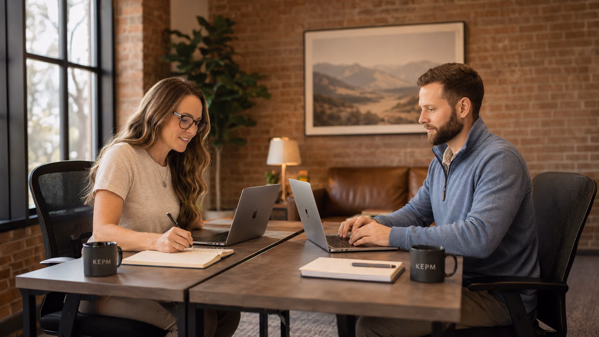 Two KEPM team members working at a table with KEPM mugs — one writing in a notebook, the other on a laptop