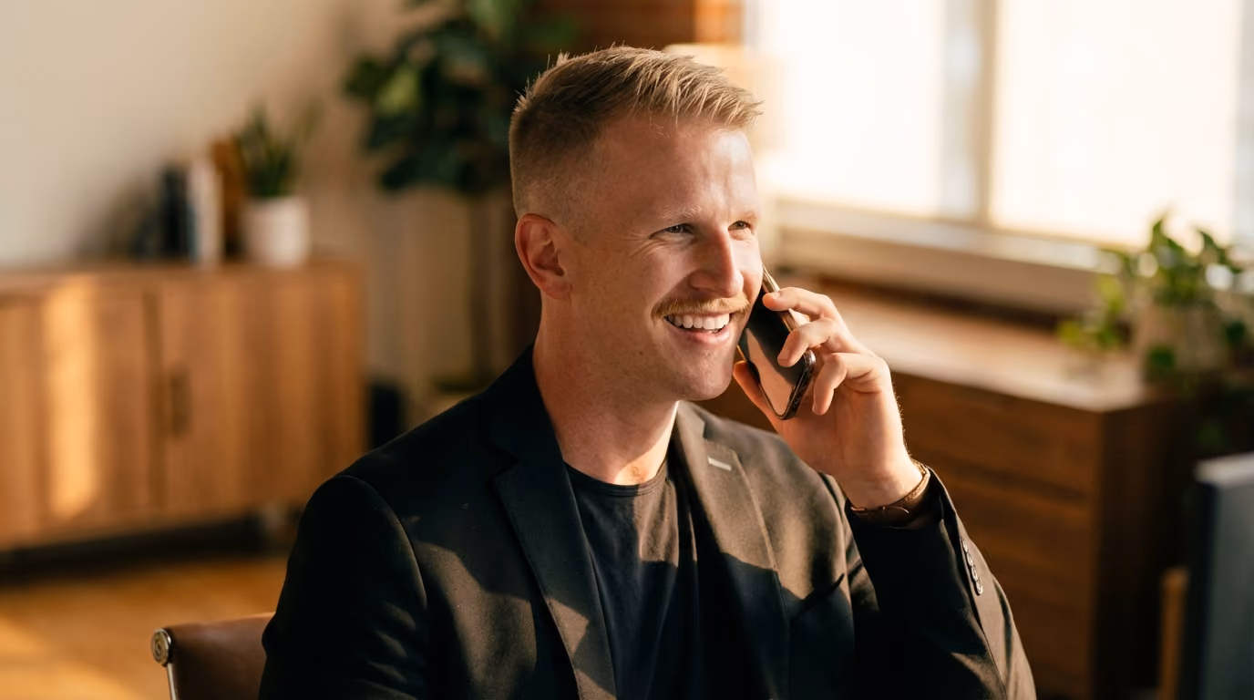 A smiling KEPM team member in a dark blazer talking on his phone in a sunlit office