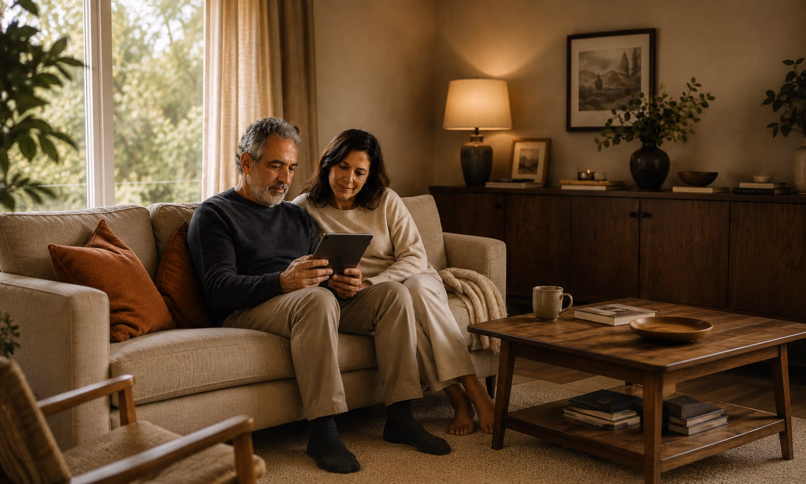 A couple sitting on their living room couch reading a tablet together