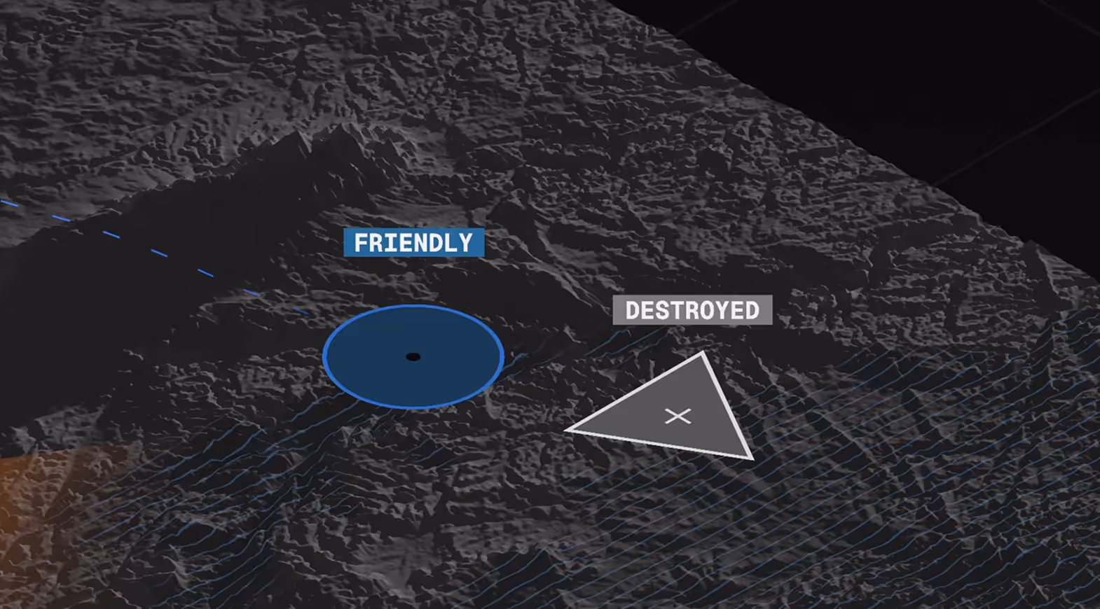 3D terrain map showing a blue circle labeled Friendly and a gray triangle labeled Destroyed.
