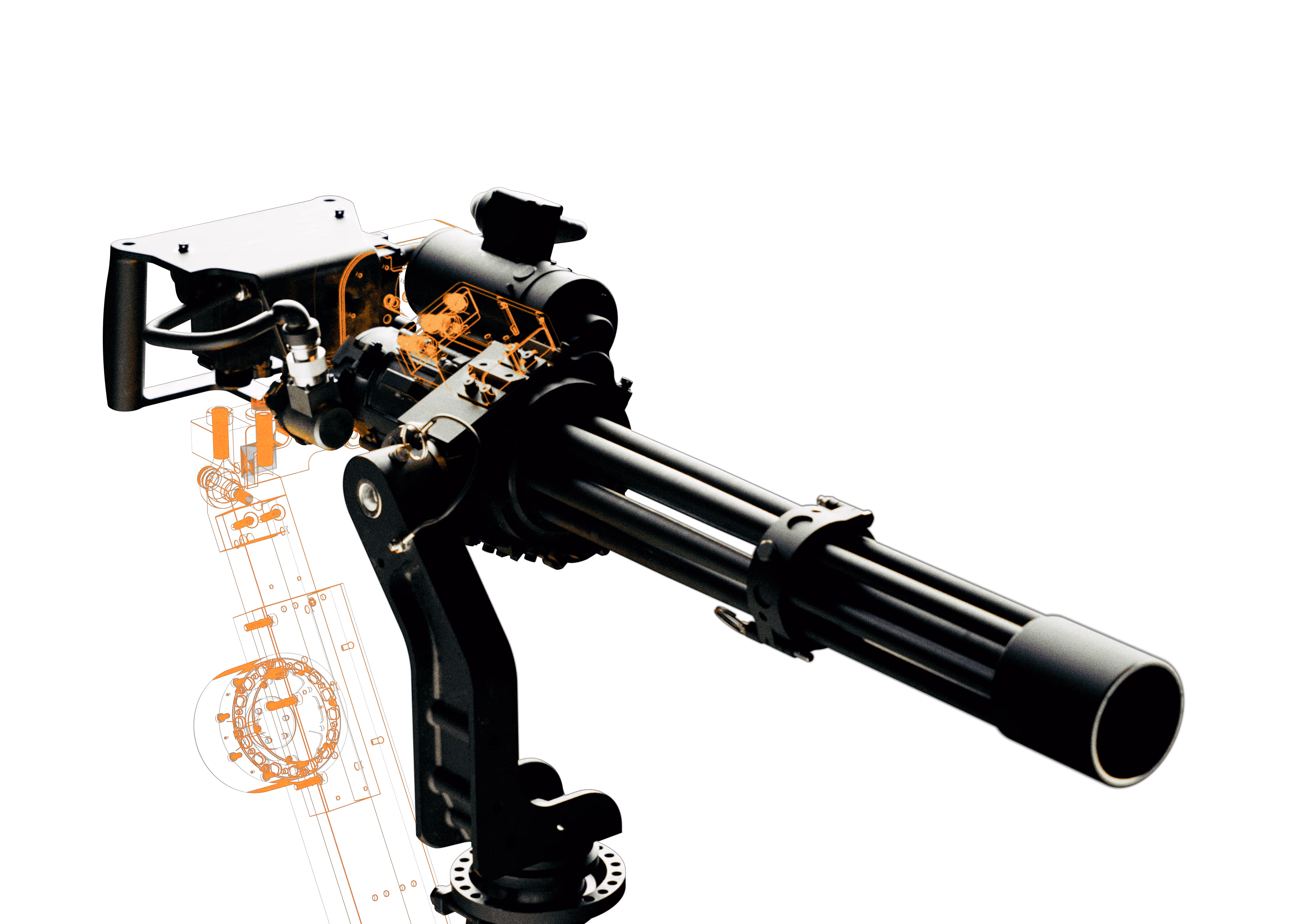 Close-up of a black rotary machine gun with highlighted internal wiring and components in orange.