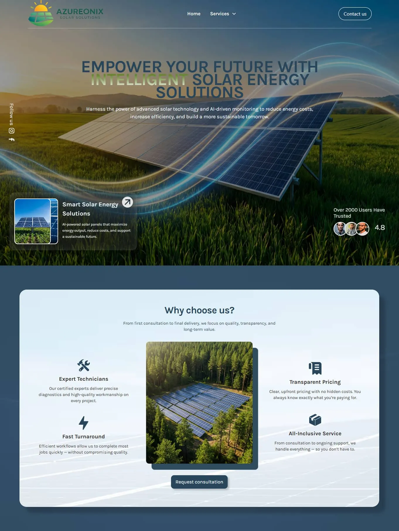 Početna stranica Webflow sajta za solarnu kompaniju Azureonix