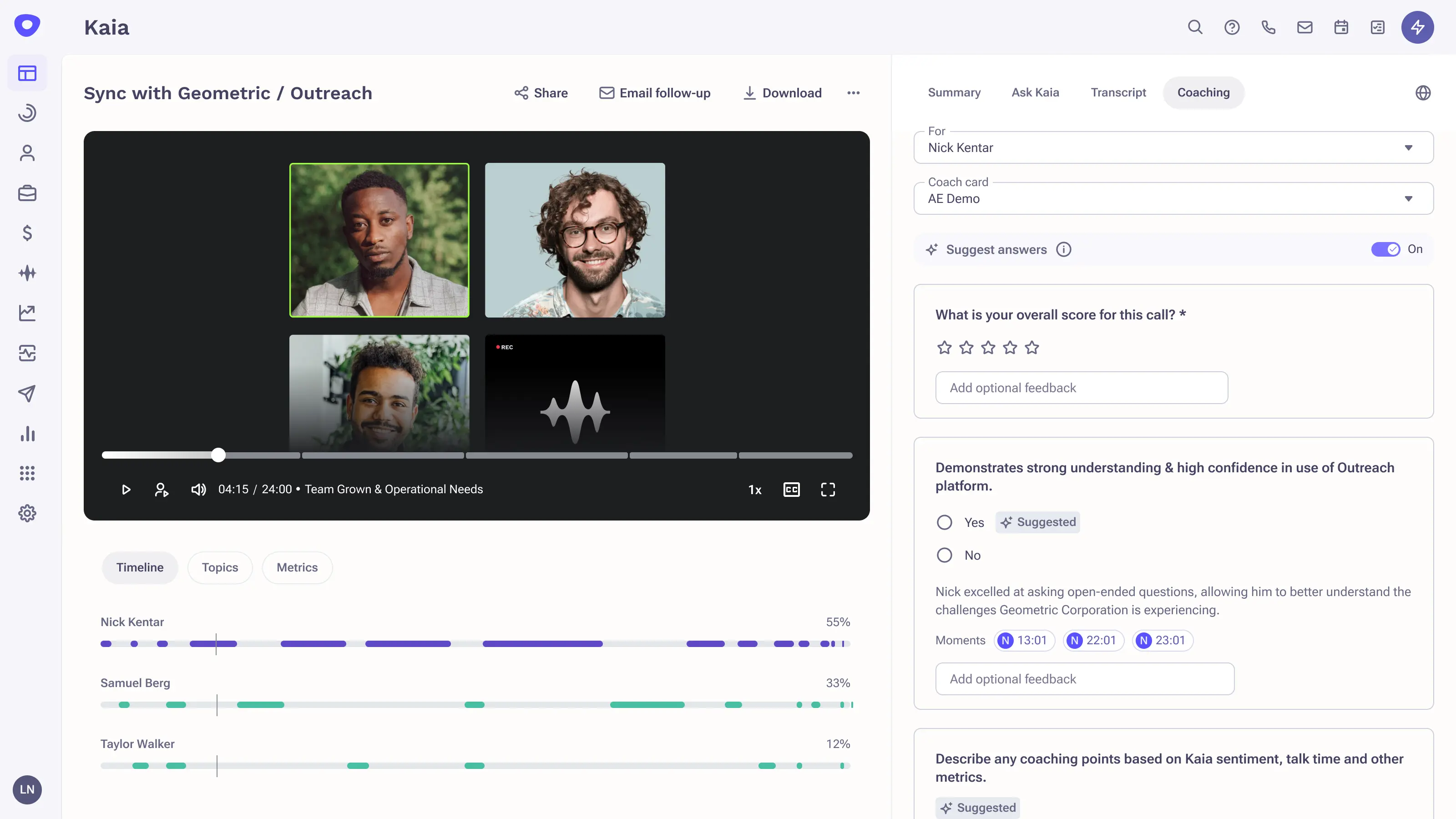 Outreach Kaia AI-powered coaching helps reps make decisions in real time