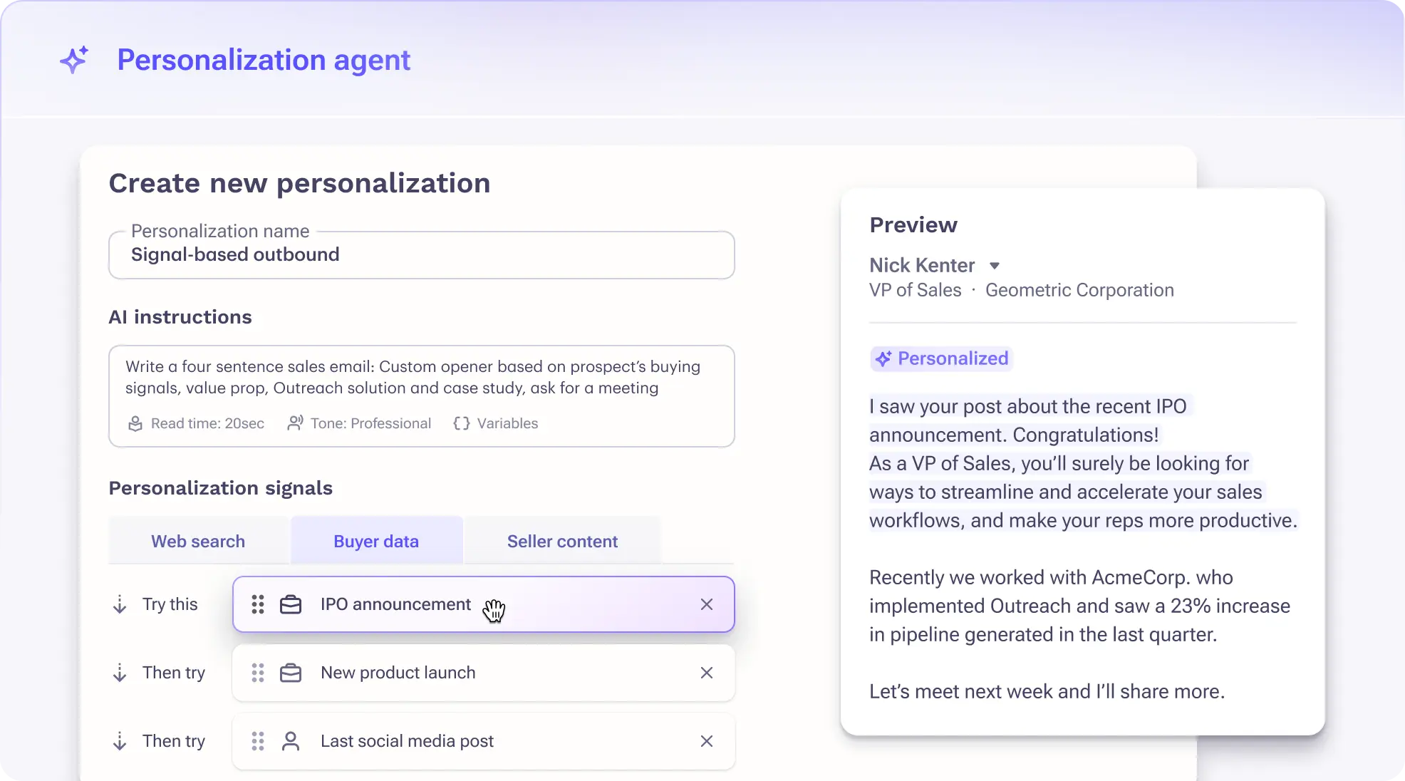 Outreach AI Personalization Agent product preview