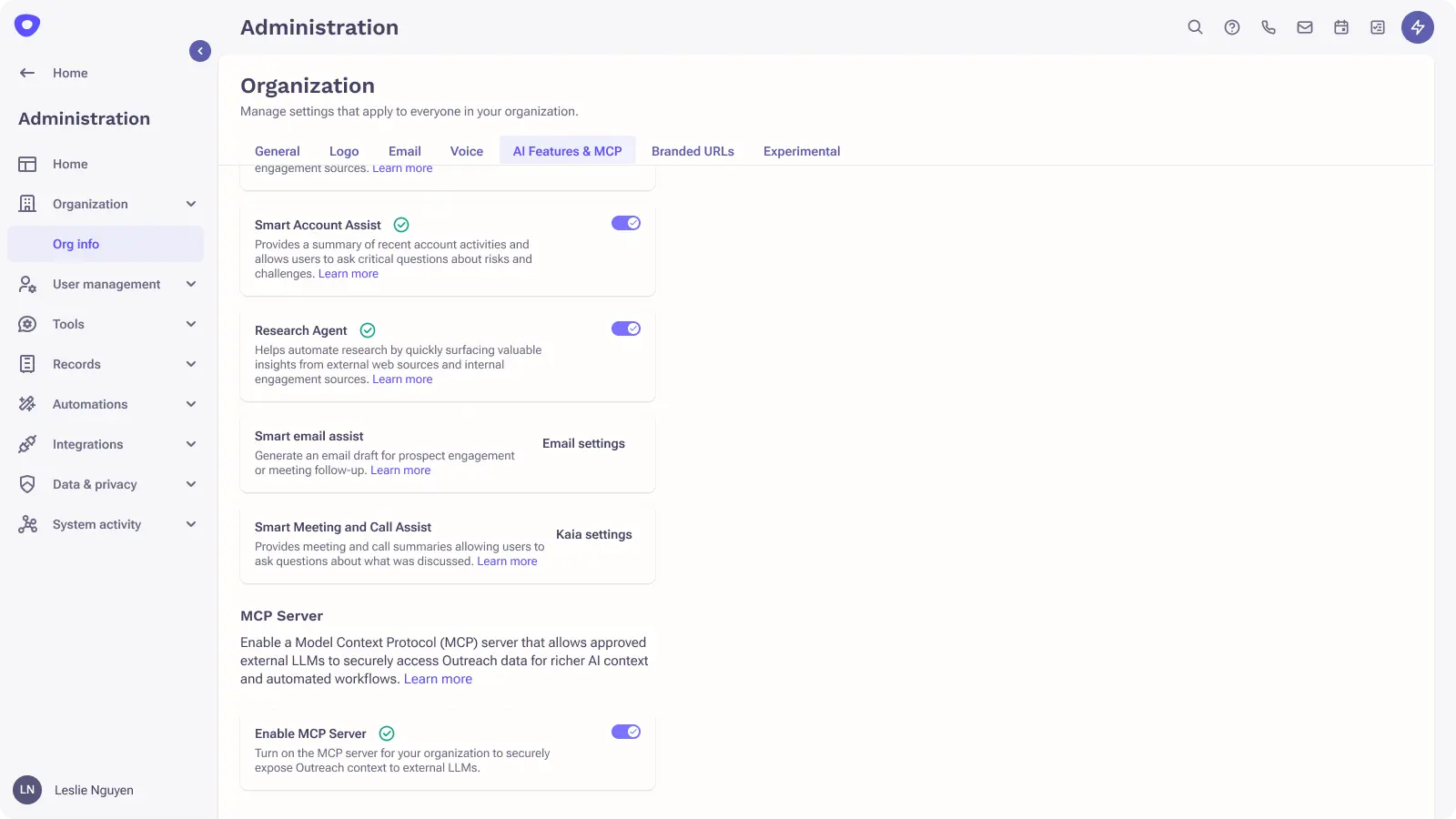 Outreach MCP Server Features