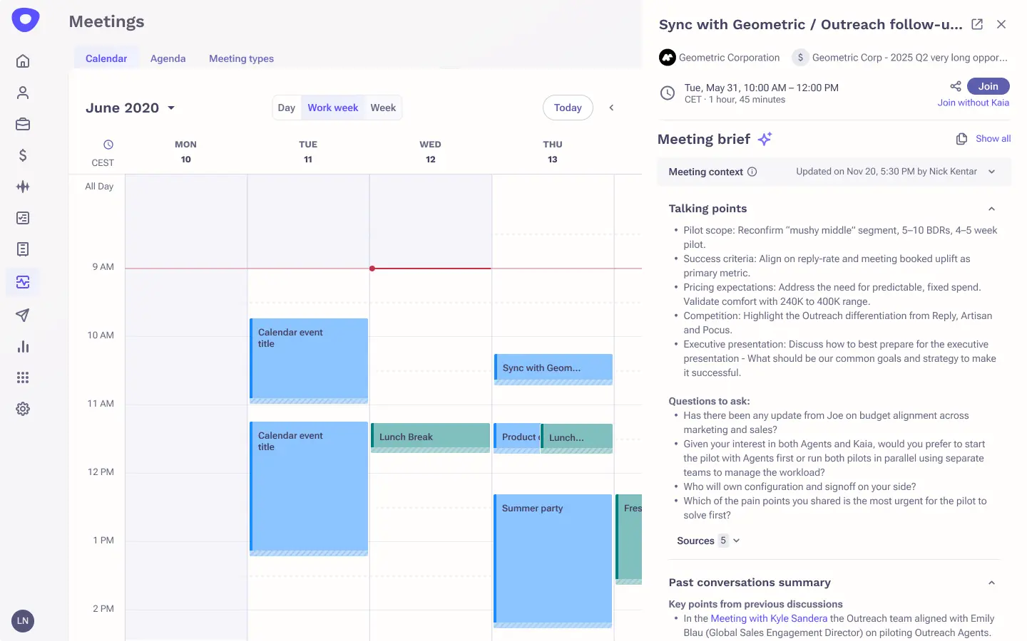 Outreach Meeting Prep Agent Calendar View with AI Meeting summary