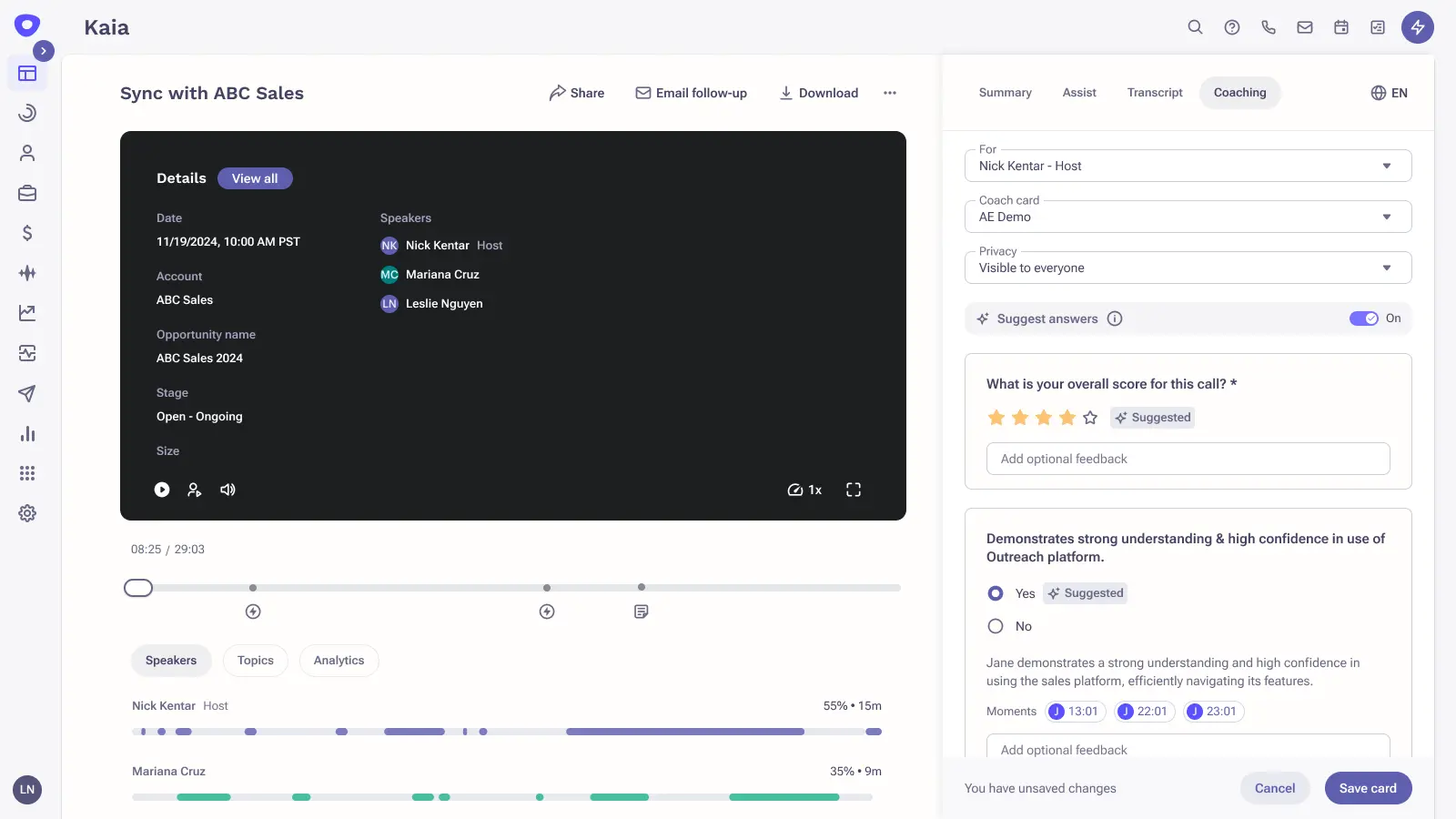 Capture automated Outreach Kaia meeting summaries and customize them to your liking