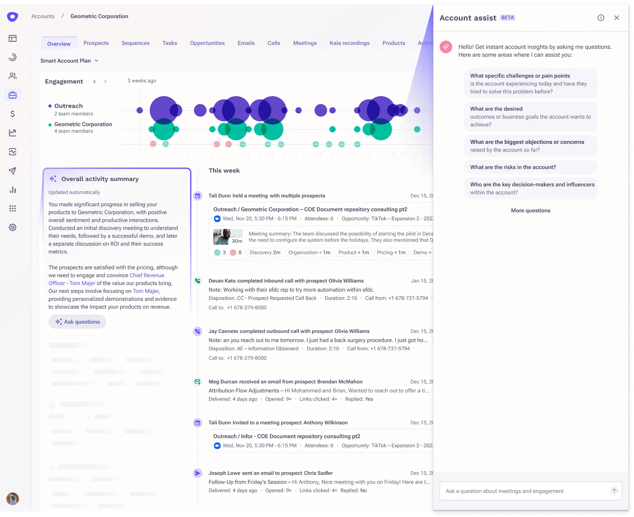 Outreach AI  helps prioritize accounts with activity summaries and account insights.