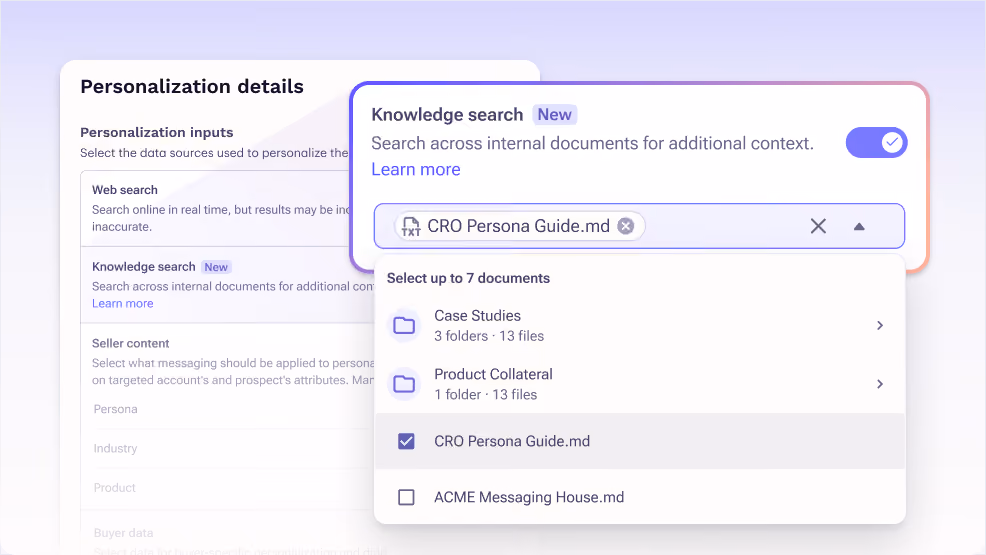 Interface showing customization options with Knowledge search toggled on and documents list including CRO Persona Guide.md