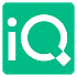 Green square with white iQ letters, a magnifying glass forming the Q tail.