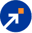 Blue circle with black arrow pointing up-right and an orange square near the arrow's tip.