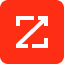 White zoom icon with arrows pointing outward on a red square background.