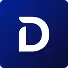 White stylized letter D on a dark blue square background.