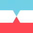 A geometric abstract logo with cyan and red interlocking shapes meeting at a black center triangle.