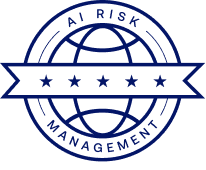 Circular badge with a globe and stars, text reads AI Risk Management.